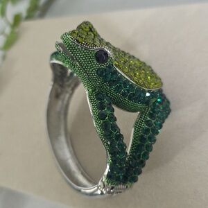 Silver Statement Bracelet Green Cubic Zirconia Frog Clamper Hinge